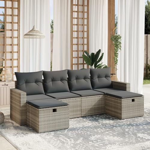 IKAYAA PolyRattan Lounge Balkon Lounge Gartenlounge Outdoor Rattan Gartenmöbel Set Balkonsofa Ecklounge Gartensofa Sofagarnitur -Hellgrau-6-tlg von IKAYAA