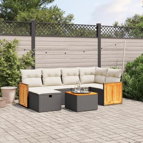 IKAYAA PolyRattan Lounge Balkon Lounge Gartenlounge Outdoor Rattan Gartenmöbel Set Balkonsofa Ecklounge Gartensofa Sofagarnitur -Schwarz und Creme-7-tlg-Typ 2 von IKAYAA