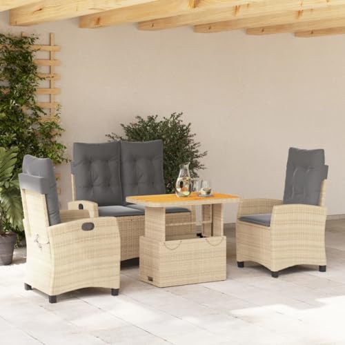 IKAYAA Ratan Gartenmöbel Set 4 Personen Terrassenmöbel Set mit 1 Verstellbarer Relaxbank, 2 Verstellbarer Sessel und 1 Höhenverstellbarer Gartentisch Balkon Set für 4 Personen Beige Type-4 von IKAYAA