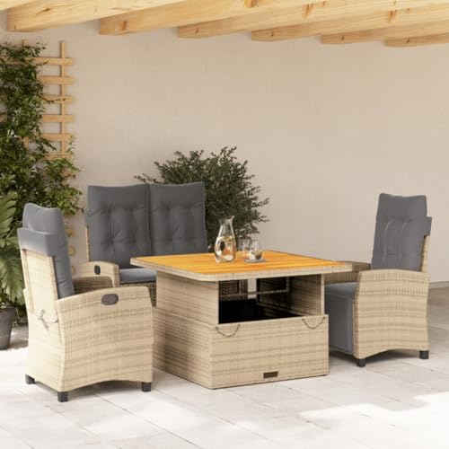 IKAYAA Ratan Gartenmöbel Set 4 Personen Terrassenmöbel Set mit 1 Verstellbarer Relaxbank, 2 Verstellbarer Sessel und 1 Höhenverstellbarer Gartentisch Balkon Set für 4 Personen Beige Type-5 von IKAYAA