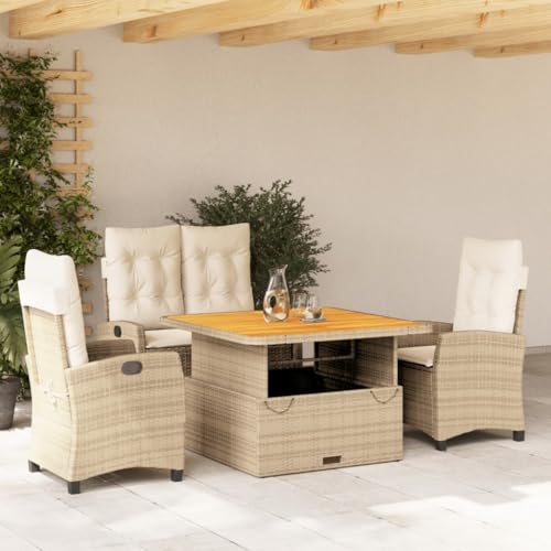 IKAYAA Ratan Gartenmöbel Set 4 Personen Terrassenmöbel Set mit 1 Verstellbarer Relaxbank, 2 Verstellbarer Sessel und 1 Höhenverstellbarer Gartentisch Balkon Set für 4 Personen Beige Type-7 von IKAYAA