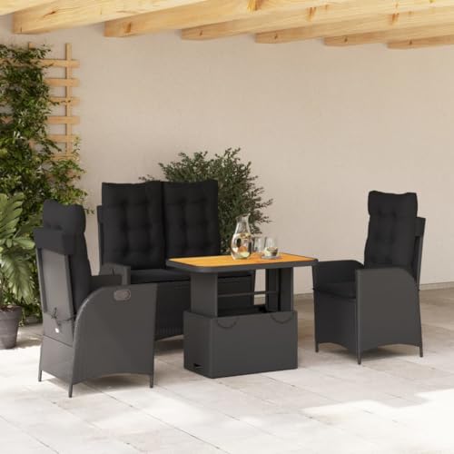 IKAYAA Ratan Gartenmöbel Set 4 Personen Terrassenmöbel Set mit 1 Verstellbarer Relaxbank, 2 Verstellbarer Sessel und 1 Höhenverstellbarer Gartentisch Balkon Set für 4 Personen Schwarz Type-7 von IKAYAA