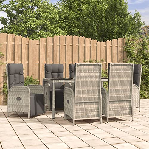 IKAYAA Rattan Essgruppe 6 Personen Gartenmöbel Essgruppe mit Verstellbare Hochlehner Stühlen Garten Sitzgruppe Grau Rattan Gartenmöbel Set mit Auflagen Sitzgarnitur mit 150 cm Tischlänge von IKAYAA