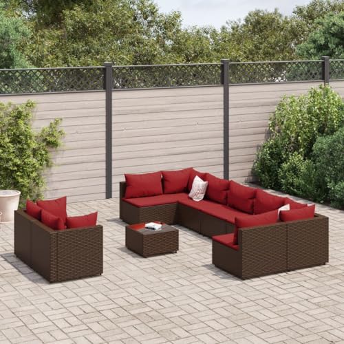 IKAYAA Rattan Gartenmöbel Set Balkon Lounge Gartensofa Balkon Sofa Gartenmöbel BalkonMöbel Wetterfest mit Kissen Poly Rattan-Braun und Rot-10-tlg-Typ 2 von IKAYAA