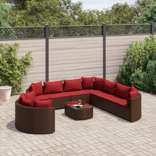 IKAYAA Rattan Gartenmöbel Set Balkon Lounge Gartensofa Balkon Sofa Gartenmöbel BalkonMöbel Wetterfest mit Kissen Poly Rattan-Braun und Rot-10-tlg von IKAYAA