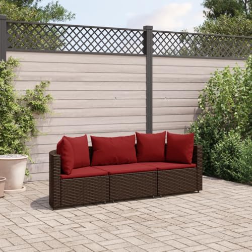 IKAYAA Rattan Gartenmöbel Set Balkon Lounge Gartensofa Balkon Sofa Gartenmöbel BalkonMöbel Wetterfest mit Kissen Poly Rattan-Braun und Rot-3-tlg von IKAYAA