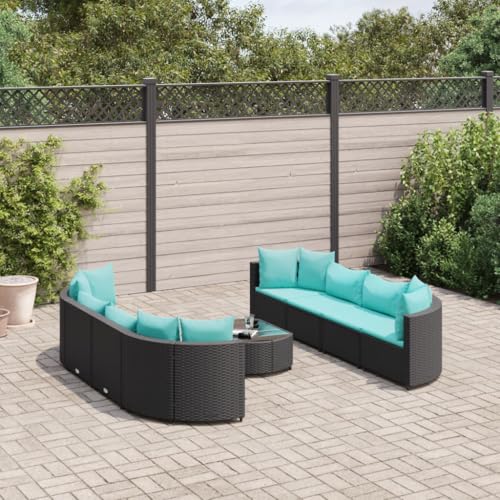 IKAYAA Rattan Gartenmöbel Set Balkon Lounge Gartensofa Balkon Sofa Gartenmöbel BalkonMöbel Wetterfest mit Kissen Poly Rattan-Schwarz und blau-9-tlg von IKAYAA