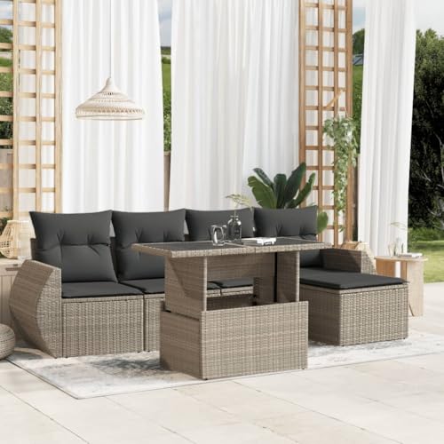 IKAYAA Rattan Gartenmöbel Set Gartenlounge Outdoor Balkon Lounge Gartensofa wetterfest Polyrattan Lounge Terassenmöbel außen mit Kissen-Hellgrau-6-tlg von IKAYAA