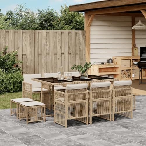IKAYAA Rattan Gartenmöbel Set mit 10 Gartenstuhl Garten Sitzgruppe 10 Personen Polyrattan Sitzgruppe Essgruppe Outdoor Sitzgarnitur Gartengarnitur Rattanmöbel -Beige und Creme-11-tlg-Typ 2 von IKAYAA