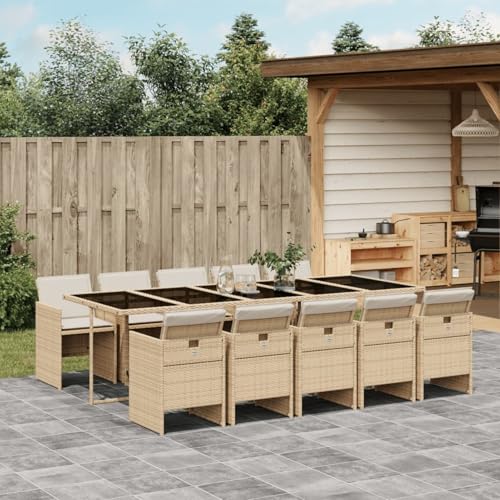 IKAYAA Rattan Gartenmöbel Set mit 10 Gartenstuhl Garten Sitzgruppe 10 Personen Polyrattan Sitzgruppe Essgruppe Outdoor Sitzgarnitur Gartengarnitur Rattanmöbel -Beige und Creme-11-tlg-Typ 5 von IKAYAA