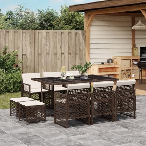 IKAYAA Rattan Gartenmöbel Set mit 10 Gartenstuhl Garten Sitzgruppe 10 Personen Polyrattan Sitzgruppe Essgruppe Outdoor Sitzgarnitur Gartengarnitur Rattanmöbel -Braun und Creme-11-tlg von IKAYAA