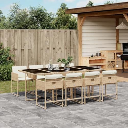 IKAYAA Rattan Gartenmöbel Set mit 8 Gartenstuhl Garten Sitzgruppe 8 Personen Polyrattan Sitzgruppe Essgruppe Outdoor Sitzgarnitur Gartengarnitur Rattanmöbel -Beige und Creme-9-tlg-Typ 2 von IKAYAA