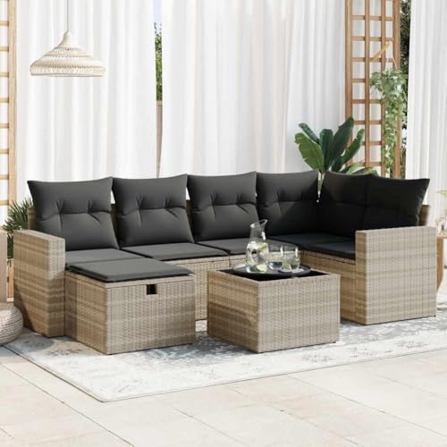 IKAYAA Rattan Gartenmöbel Set mit Stauraum Balkon Lounge mit Stauraum Balkonsofa Kleiner Balkon Gartensofa Lounge möbel Outdoor mit Kissen Poly Rattan-Hellgrau-7-tlg von IKAYAA