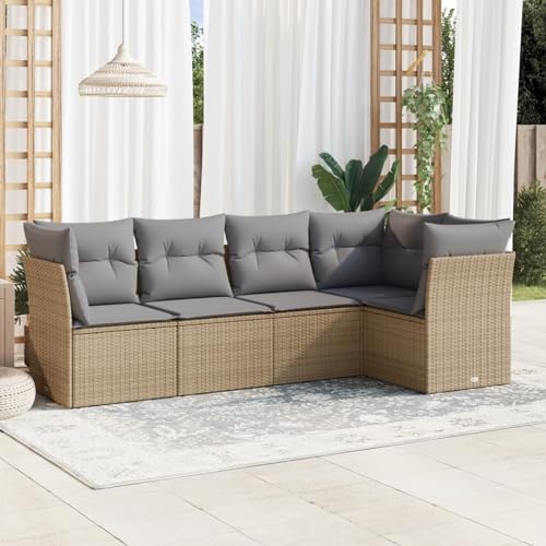 IKAYAA Rattan Gartenmöbel Set mit Stauraum Balkonsofa Kleiner Balkon Balkon Lounge Gartensofa Polyrattan Lounge Terrassenmöbel Ecksofa Outdoor mit Kissen Poly Rattan-Beige und Grau-5-tlg-Typ 2 von IKAYAA
