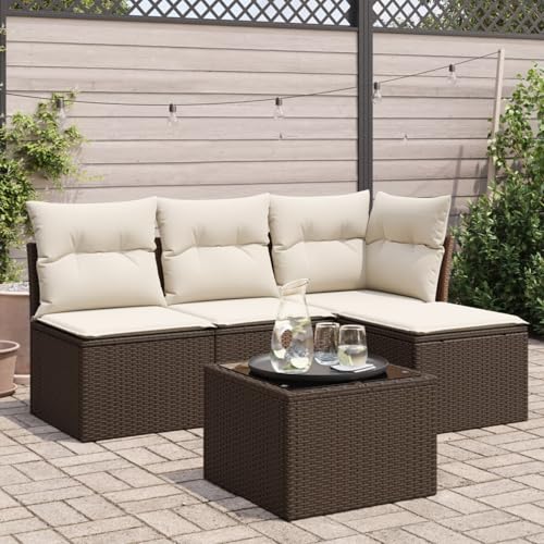 IKAYAA Rattan Gartenmöbel Set mit Stauraum Balkonsofa Kleiner Balkon Balkon Lounge Gartensofa Polyrattan Lounge Terrassenmöbel Ecksofa Outdoor mit Kissen Poly Rattan-Braun und Creme-5-tlg von IKAYAA