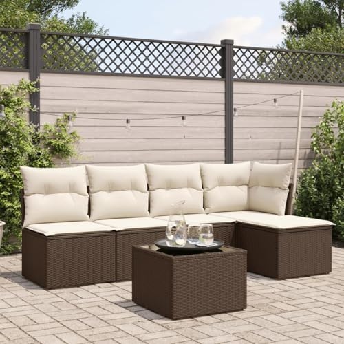 IKAYAA Rattan Gartenmöbel Set mit Stauraum Balkonsofa Kleiner Balkon Balkon Lounge Gartensofa Polyrattan Lounge Terrassenmöbel Ecksofa Outdoor mit Kissen Poly Rattan-Braun und Creme-6-tlg von IKAYAA