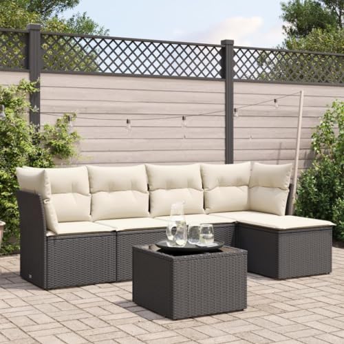 IKAYAA Rattan Gartenmöbel Set mit Stauraum Balkonsofa Kleiner Balkon Balkon Lounge Gartensofa Polyrattan Lounge Terrassenmöbel Ecksofa Outdoor mit Kissen Poly Rattan-Schwarz und Creme-6-tlg-Typ 2 von IKAYAA