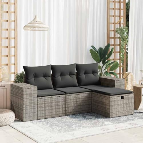IKAYAA Rattan Gartenmöbel Set mit stauraum Gartenlounge mit stauraum Balkon Lounge Polyrattan Lounge Sitzgruppe Outdoor Terassenmöbel außen mit Kissen-Grau-4-tlg-Typ 2 von IKAYAA