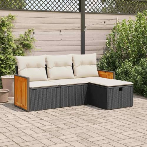 IKAYAA Rattan Gartenmöbel Set mit stauraum Gartenlounge mit stauraum Balkon Lounge Polyrattan Lounge Sitzgruppe Outdoor Terassenmöbel außen mit Kissen-Schwarz und Creme-4-tlg von IKAYAA