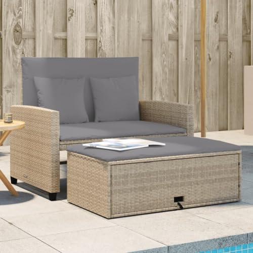 IKAYAA Rattan Lounge 2 Sitzer, Gartensofa mit Hocker, Beige und Grau von IKAYAA