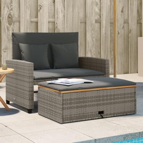 IKAYAA Rattan Lounge, Gartensofa 2 Sitzer, Balkon Lounge Klein, Gartensofa mit Hocker, Rattan Sofa mit Schlaffunktion, Gartensofa mit Hocker mit Stauraum, Balkon Couch, Grau und Dunkelgrau von IKAYAA