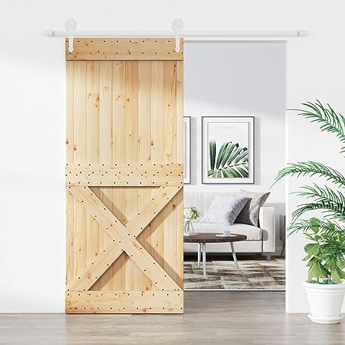 IKAYAA Schiebetür Komplettset mit tür Schiebetür Holz Komplettset Schiebetür mit Beschlag Schiebetürsystem Holztür Schiebetürbeschlag Holzschiebetür Massivholz Kiefer-90x210 cm-12 von IKAYAA