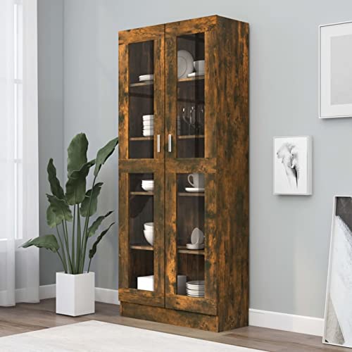 IKAYAA Vitrinenschrank Bücherschrank Mit Fächern und Glastüren Glasvitrine Stehend Standvitrine Vorratsschrank Küche Bücherschrank Mit Glastüren Räuchereiche 82.5 x 30.5 x 185.5 cm Holzwerkstoff von IKAYAA