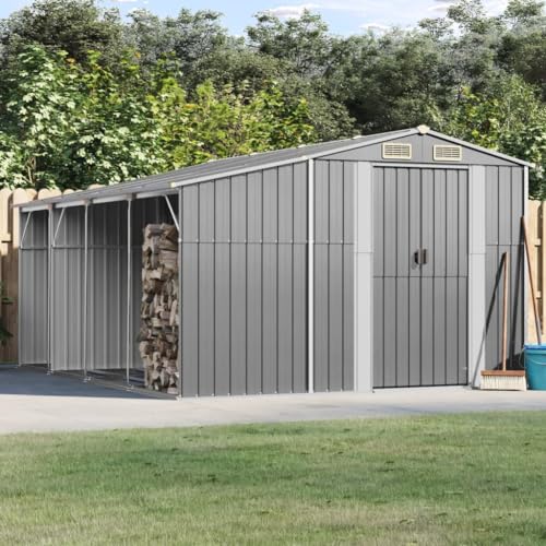 IKAYAA XXL Metall Gerätehaus Geräteschuppen Geräteschuppen Garten Schuppen mit Schrägdach Verzinkter Stahl-Grau-277 x 365.5 x 179 cm von IKAYAA