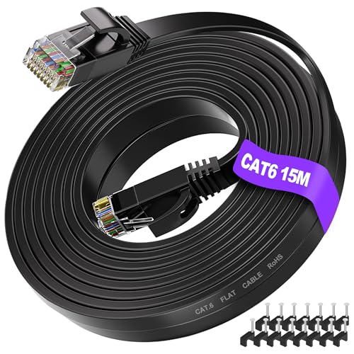 ikbc LAN Kabel 15 meter, Cat 6 Netzwerkkabel 15m flach Schwarz, High Speed Internet Kabel 15 meter RJ45 Ethernet Kabel, 1000Mbps Cat6 Patch Kabel für Router PS4/5 (15 Kabelschellen) von ikbc