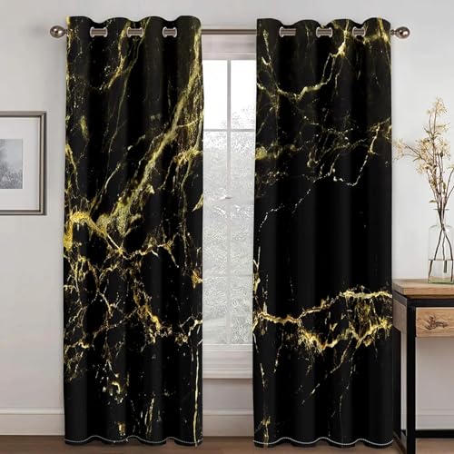 IKDZCM 3D-Marmor-Druck, schwarz-Goldener Polyester-Vorhang, dünne Schattierungs-Fenstervorhänge für Wohnzimmer, luxuriöse Schlafzimmer-Dekor-Vorhänge BxH/2x210x220cm vorhänge von IKDZCM