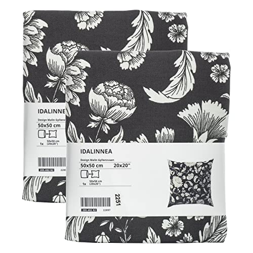 Ikea IDALINNEA 2er Set Kissenbezüge Anthrazit/Grau mit weißem Blumenmuster 50 x 50 cm Reißverschluss 205.482.92 von Ikea
