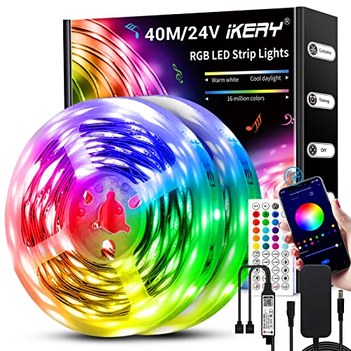 IKERY LED Strip 40M, LED Streifen 24V RGB Amb. Lightstrip, 16 Mio. Farbwechsel LED-Lichtband Sync mit Musik, mit Fernbedienung APP-Steuerung, für Innenbereich Schlafzimmer Dekor (2 Rollen 20M) von IKERY