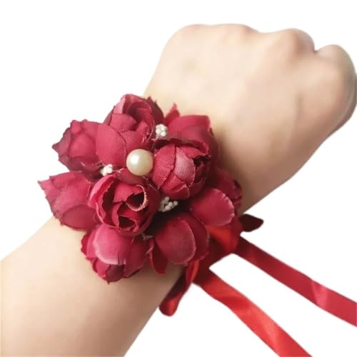 Brautjungfer Hand Blume Brautjungfer Handgelenk Hochzeit Feier Stoff Kunst Simulation Kleine Klar Hand Blumen System Schwester Gruppe(Silk cloth red wrist flower) von IKFGTJRE