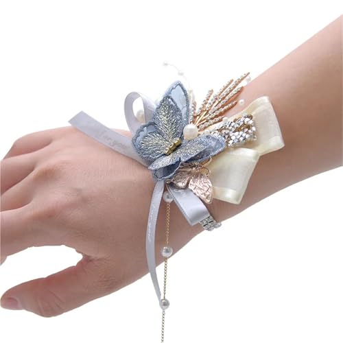 Brautjungfer Hand Blume Brautjungfern Handgelenk Blumen Handgelenk Corsage Künstliche Blumen Schmetterlinge Hochzeit(Blue) von IKFGTJRE