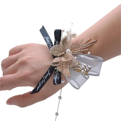Brautjungfer Hand Blume Brautjungfern Handgelenk Blumen Handgelenk Corsage Künstliche Blumen Schmetterlinge Hochzeit(Gold) von IKFGTJRE