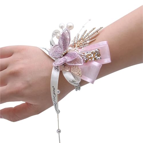 Brautjungfer Hand Blume Brautjungfern Handgelenk Blumen Handgelenk Corsage Künstliche Blumen Schmetterlinge Hochzeit(Purple) von IKFGTJRE