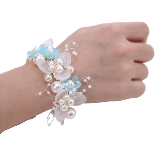 Brautjungfer Hand Blume Handgelenk Blume Künstliche Perlen Brautjungfer Kinder Hand Ehe Schöne Braut Hochzeit Armbänder Mädchen Romantische(Blue) von IKFGTJRE