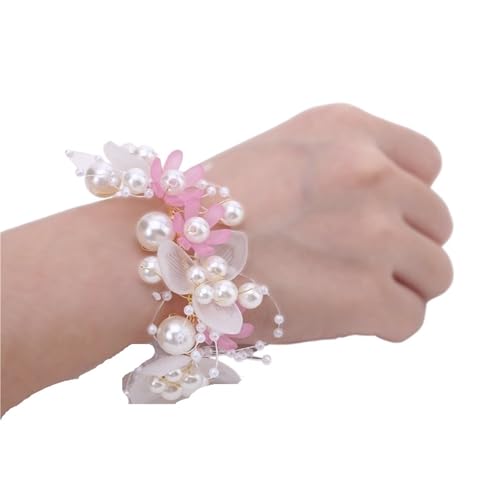 Brautjungfer Hand Blume Handgelenk Blume Künstliche Perlen Brautjungfer Kinder Hand Ehe Schöne Braut Hochzeit Armbänder Mädchen Romantische(Pink) von IKFGTJRE
