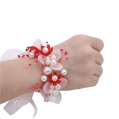 Brautjungfer Hand Blume Handgelenk Blume Künstliche Perlen Brautjungfer Kinder Hand Ehe Schöne Braut Hochzeit Armbänder Mädchen Romantische(Red) von IKFGTJRE