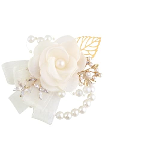 Brautjungfer Hand Blume Handgelenk Blume Künstliche Rose Blumen Perle Perlen Elfenbein Brautjungfer Männer Anzug Ehe Hochzeit Zubehör(Wrist Flower) von IKFGTJRE