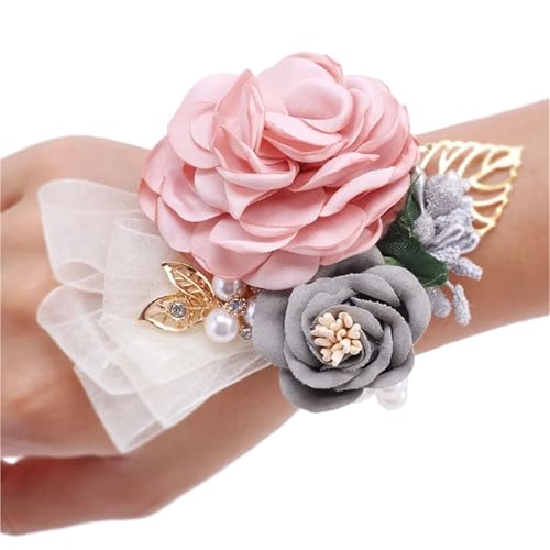 Brautjungfer Hand Blume Künstliche Rose Blumen Handgelenk Corsage Brautjungfer Zubehör Ehe Hand Hochzeit(Pink) von IKFGTJRE