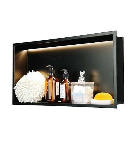IKITRAEE LED-Duschnische, keine Fliesen erforderlich, Badezimmer für Duschwand, Edelstahl, wasserdichtes Regal, Mattschwarz (61 x 30,5 cm) von IKITRAEE