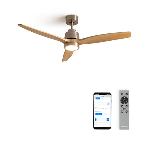 CREATE / WINDSTYLANCE/Deckenventilator Nickel Naturholzflügel mit Beleuchtung, WLAN und Fernbedienung / 40W, Leise, Ø132 cm, 6 Geschwindigkeiten, Timer, DC-Motor, Sommer-Winterbetrieb von CREATE