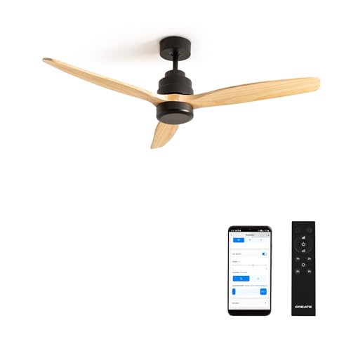 CREATE / WINDSTYLANCE/Deckenventilator Schwarz Naturholzflügel mit WLAN und Fernbedienung / 40W, Leise, Ø132 cm, 6 Geschwindigkeiten, Timer, Sommer-Winterbetrieb, doppelte Höhe von CREATE