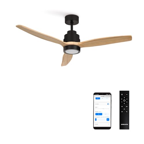 CREATE / WINDSTYLANCE/Deckenventilator Schwarz Naturholzflügel mit Beleuchtung, WLAN und Fernbedienung / 40W, Leise, Ø132 cm, 6 Geschwindigkeiten, Timer, Sommer-Winterbetrieb, doppelte Höhe von CREATE