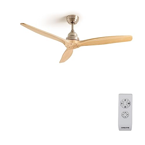 CREATE / WINDWOOD/Deckenventilator Nickel Naturholzlügel mit Fernbedienung/Leise, 75W, Ø132 cm, AC-Motor, Timer, 3 Geschwindigkeiten von CREATE