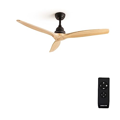 CREATE / WINDWOOD/Deckenventilator Schwarz Naturholzflügel mit Fernbedienung/Leise, 75W, Ø132 cm, AC-Motor, Timer, 3 Geschwindigkeiten von CREATE