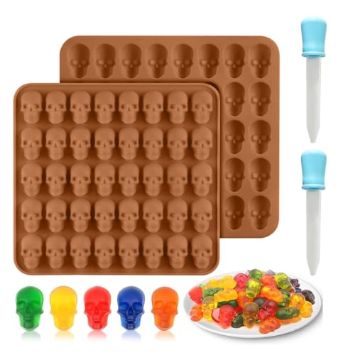 IKOPFLN 2 Packung Schädel Silikonform Mini Totenkopf Schokoladenform mit 80 Vertiefungen Halloween Form mit 2 Pipette für Schokolade Süßigkeiten Gelee von IKOPFLN
