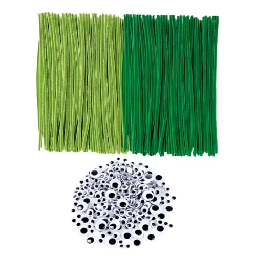 Pfeifenreiniger Grün - 200 Stück - 30 cm Pfeifenputzer Zum Basteln Chenilledraht mit 100 Wackelaugen Selbstklebend für DIY Basteln, Blumen, Dekorieren(Dunkelgrün + helles Armeegrün) von IKOPFLN