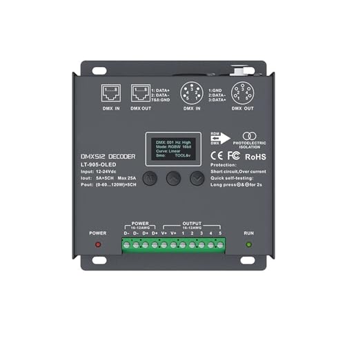 DMX/RDM CV-Decoder DC12-24V 6A/CH 5-Kanal 30A (5CH) 5A/CH 25A Ausgang 3-poliger XLR, 5-poliger XLR, RJ45, grüner OLED-Anschluss(LT-905-OLED) von IKPGBZXM